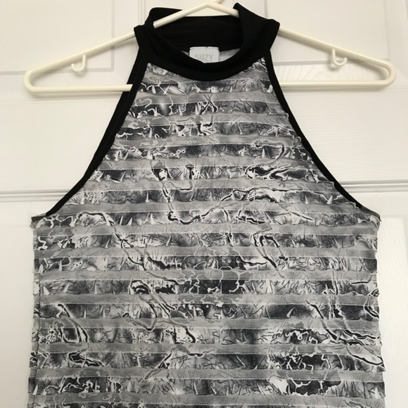 Y2K Suzy Shier Floral Sleeveless High Neck Blouse Top M Black White - Picture 4 of 10